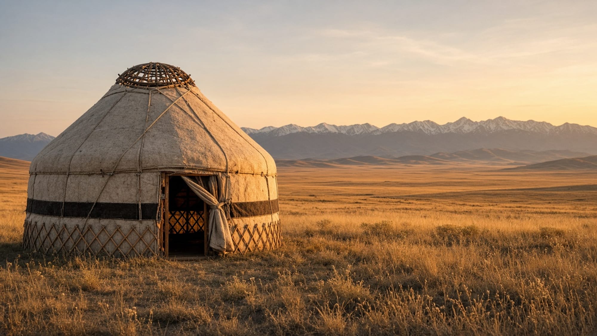 A traditional Kazakh yurt on the open steppe at sunset