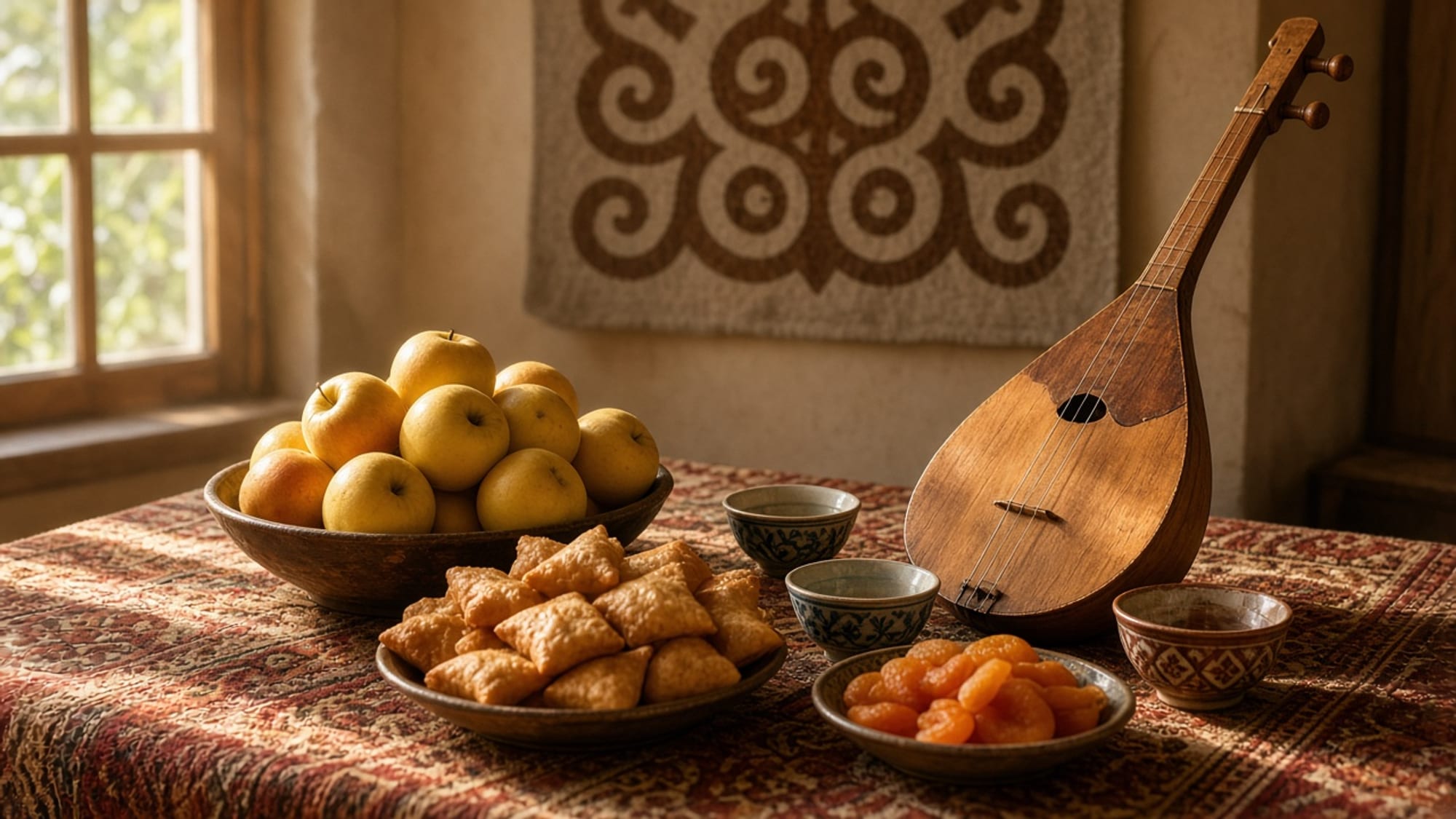 A Kazakh dastarkhan table with apples, tea, and a two-string instrument