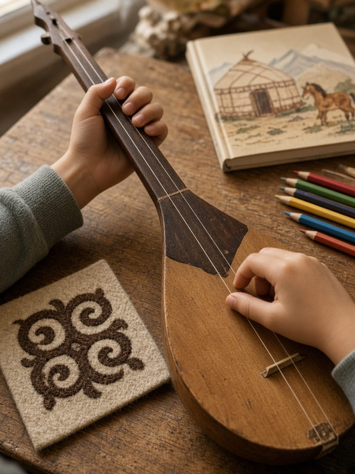 A child’s hands practicing a Kazakh two-string dombyra